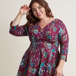 EUC Purple peacock ModCloth swing dress XL